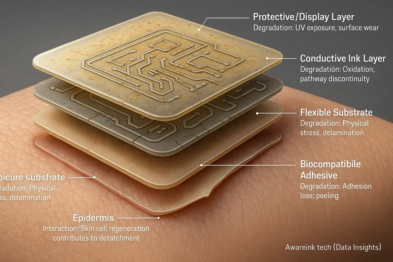 Infographic: Smart tattoo layers (inks, display, adhesive) on skin degrading, showing fading, cracks, and peeling over time.