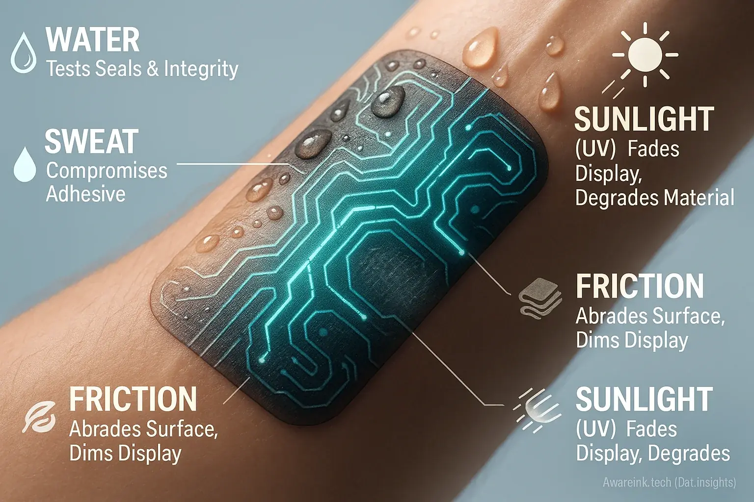 Smart tattoo on skin with icons for water, sweat, and friction, showing how they challenge its integrity daily.