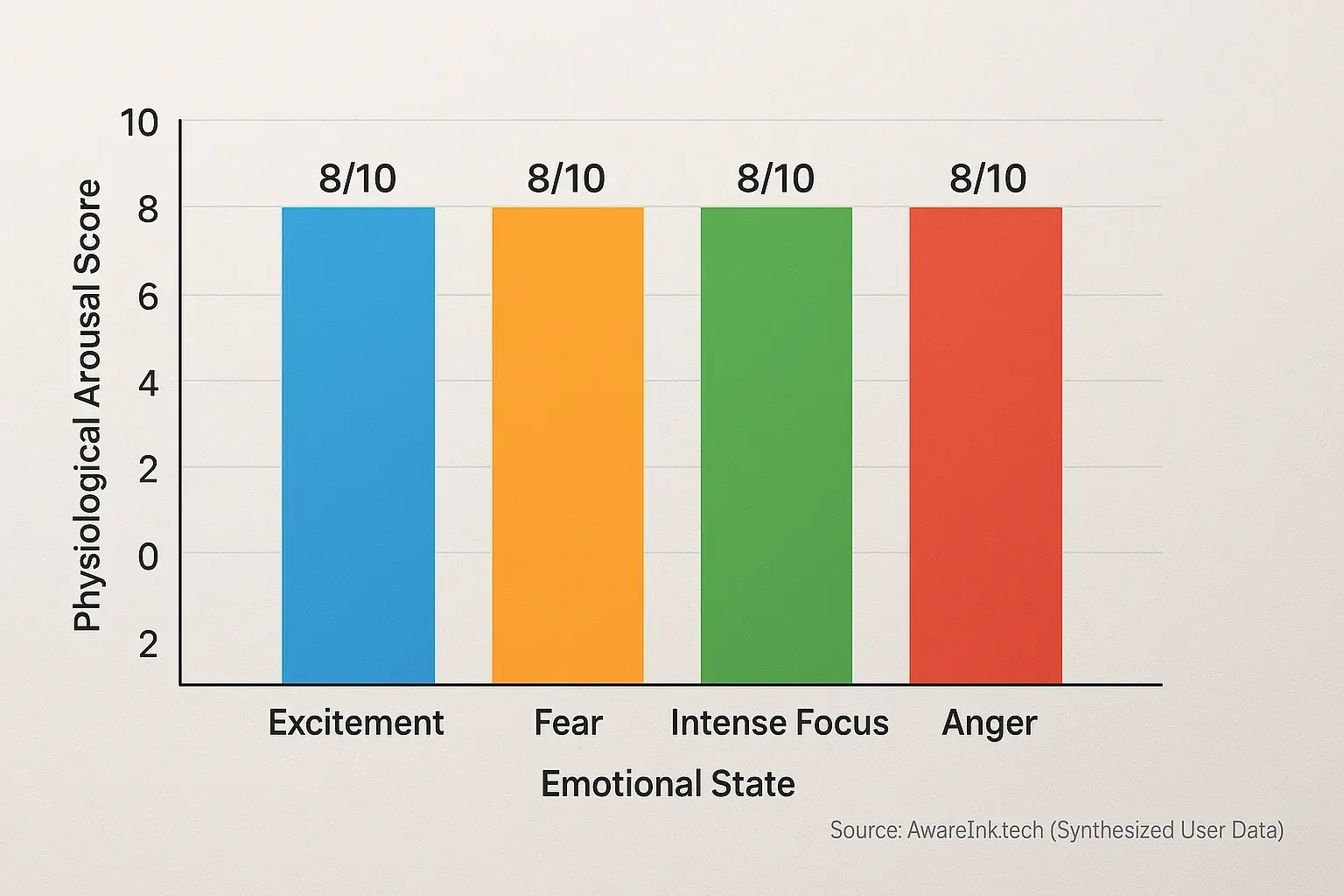 Bar chart: Equal bars at high arousal (8/10) labeled with diverse emotions: Excitement, Fear, Intense Focus, Anger.