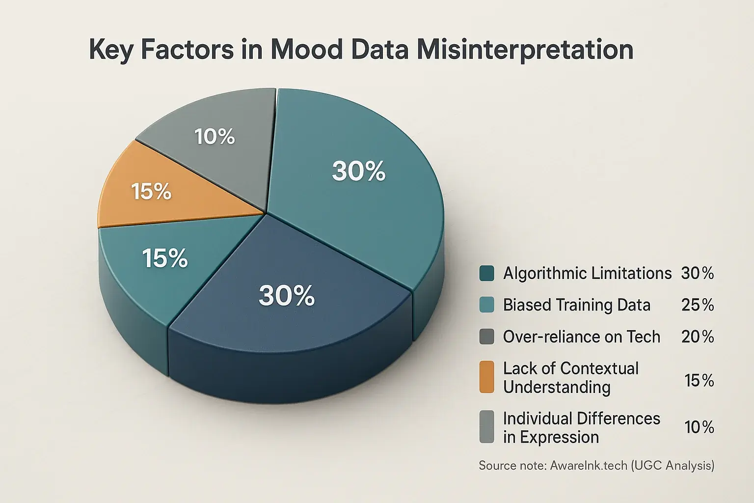 Pie chart: Algorithm blind spots in mood reading: arousal ambiguity (30%), lack of context (25%), individual differences