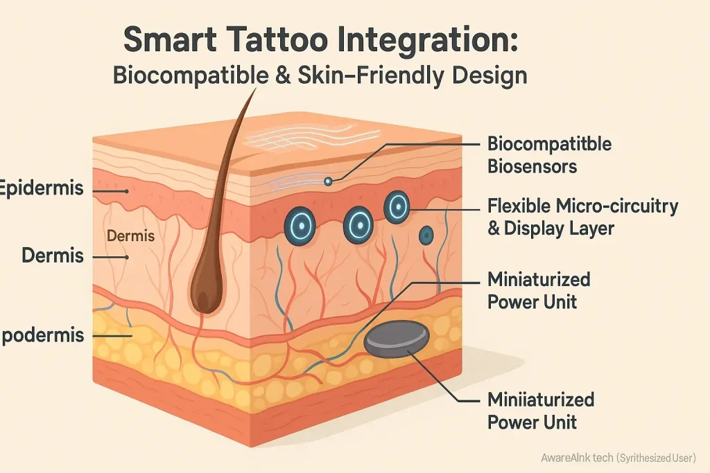 Diagram: Smart tattoo tech in delicate skin layers, stressing need for biocompatible materials for safety.