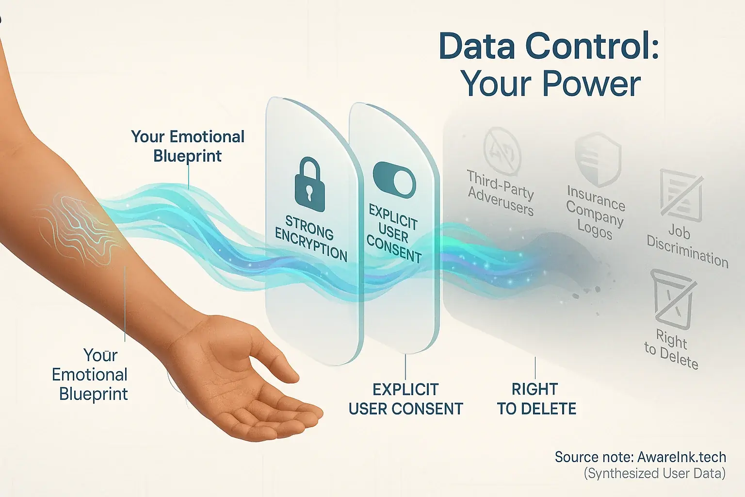 Infographic: Smart tattoo data flow secured by user-controlled shields like encryption, consent, deletion, empowering data