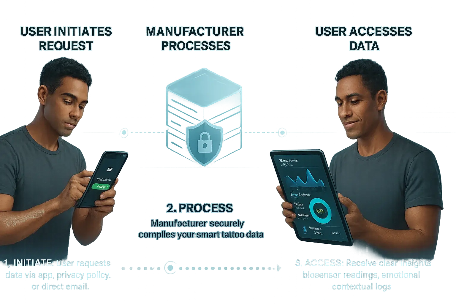 Infographic: Clear steps for users to request & receive smart tattoo data, empowering their right to access.