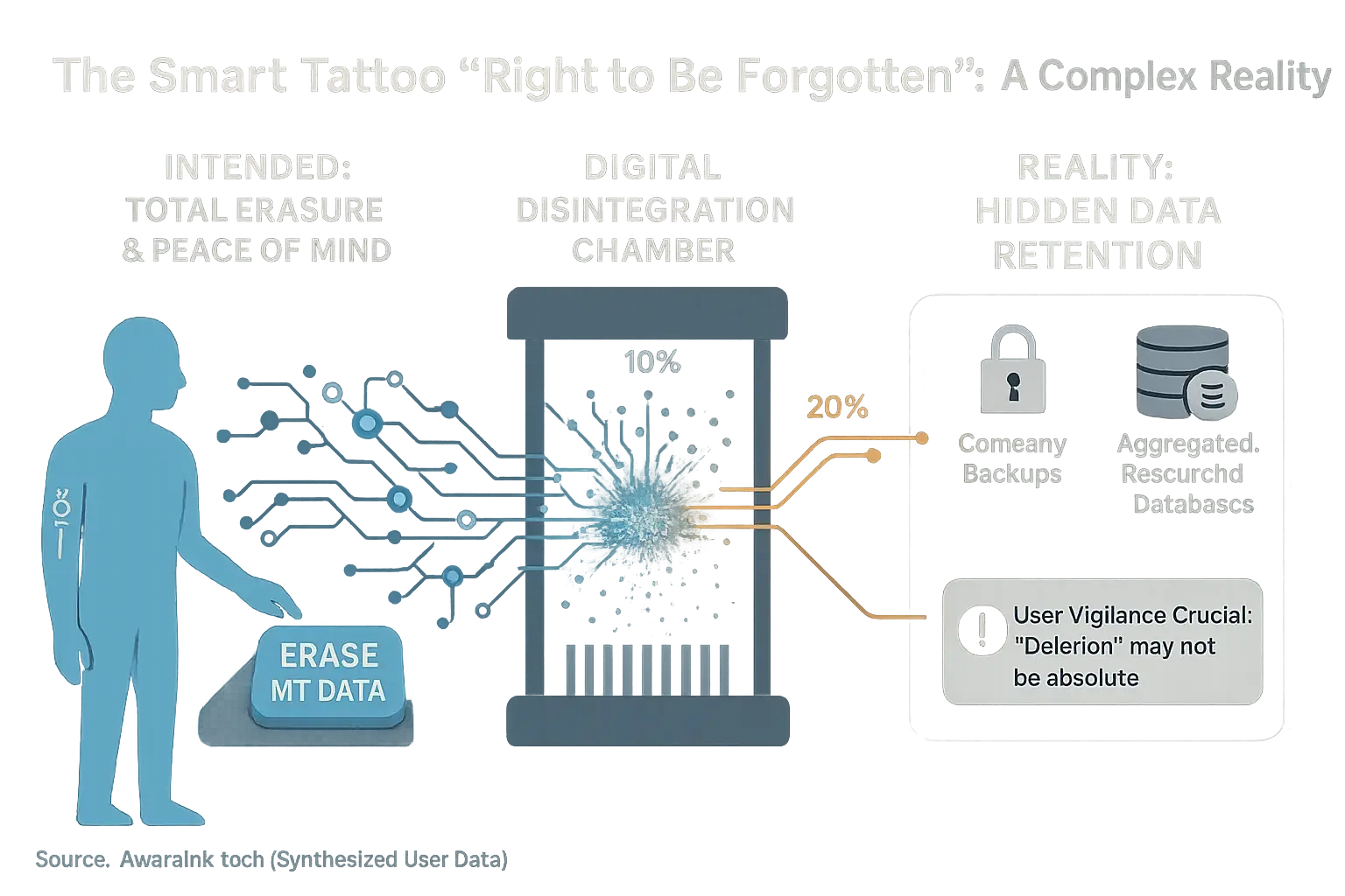 Conceptual data shredding illustrates permanent, secure deletion of smart tattoo data, ensuring user peace of mind.