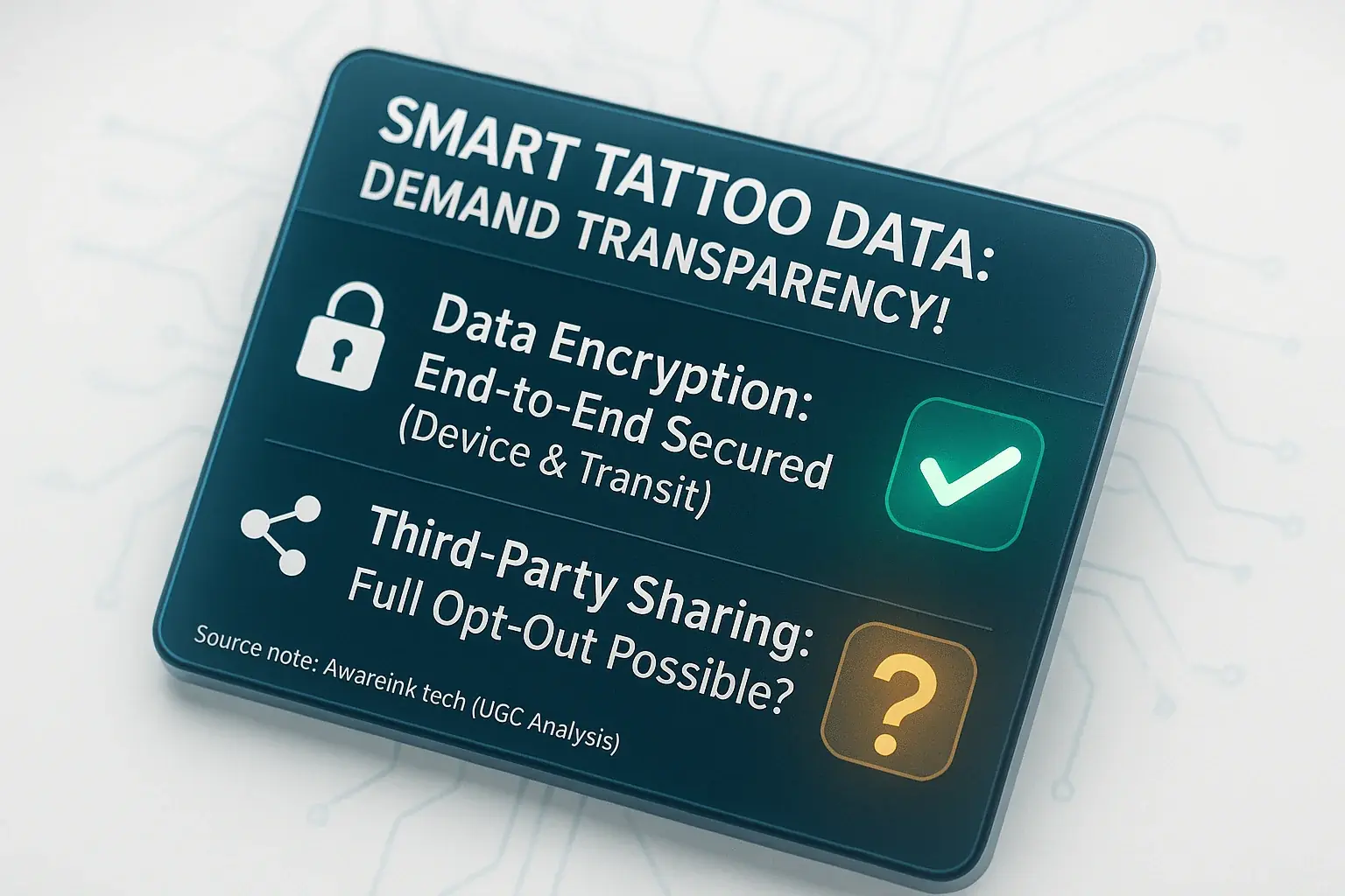 Stylized checklist: key data control & transparency questions for manufacturers, with checkmarks/question marks.