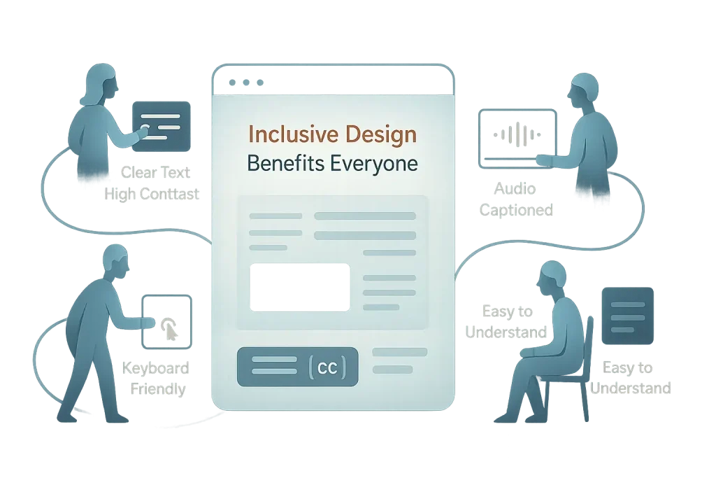 Abstract infographic: Diverse users with varied abilities interact seamlessly with digital content, showing inclusive design