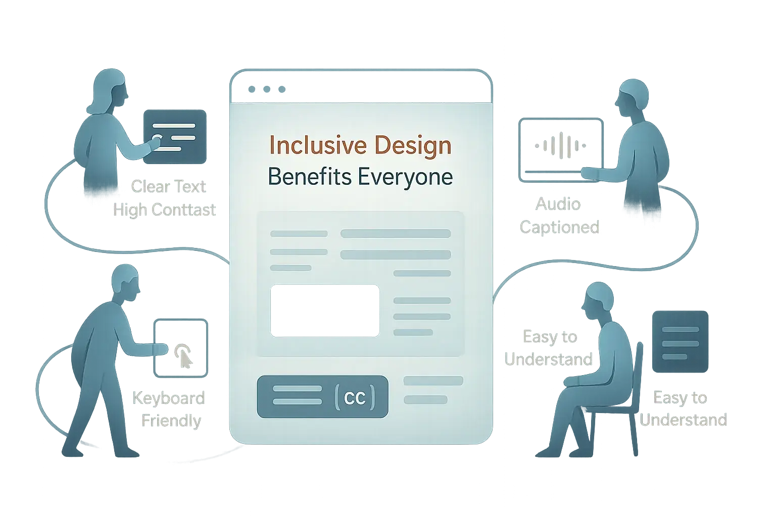 Abstract infographic: Diverse users with varied abilities interact seamlessly with digital content, showing inclusive design
