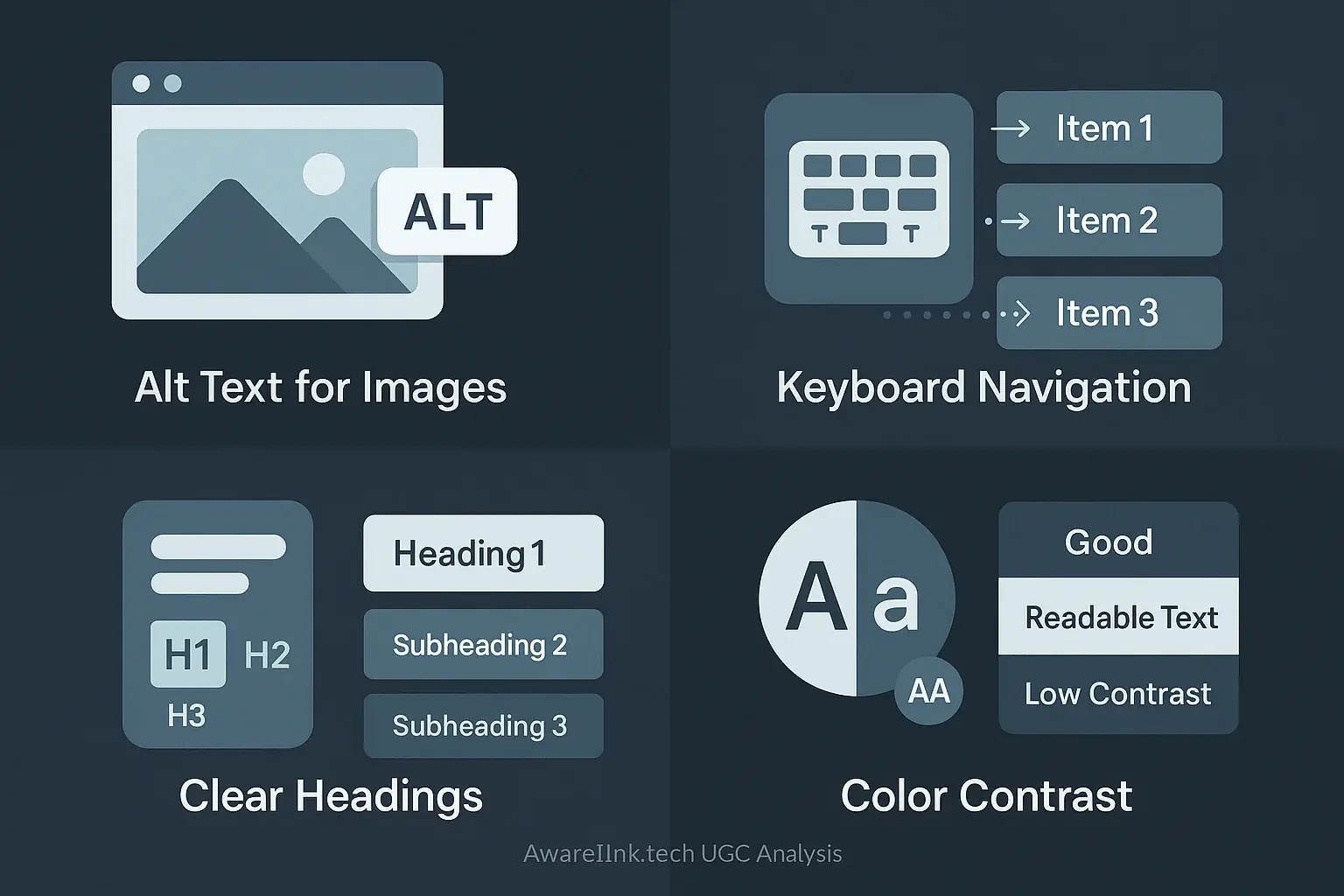 Infographic: AwareInk's accessibility pillars—alt text, keyboard nav, headings, contrast—shown with simple icons.