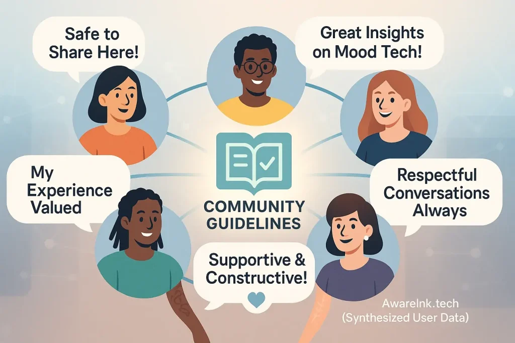 Infographic: Diverse users in a safe, respectful online community, discussing smart tattoo safety & insights via positive