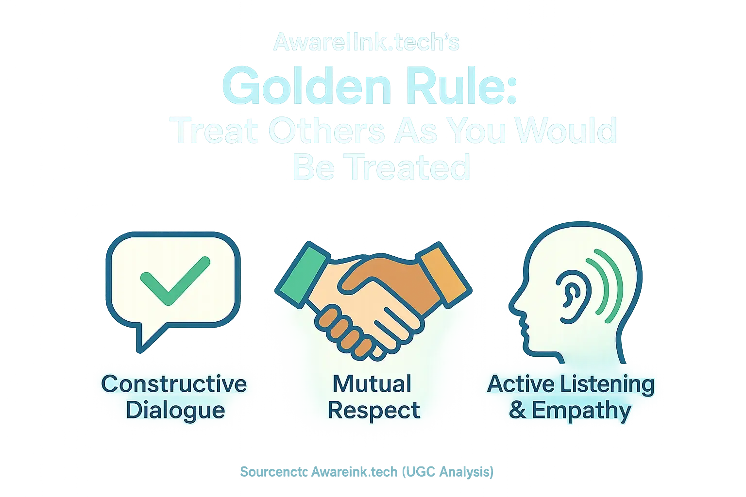 Icons for respectful discussion: checkmarked speech, handshake, attentive listener, promoting positive online interactions.