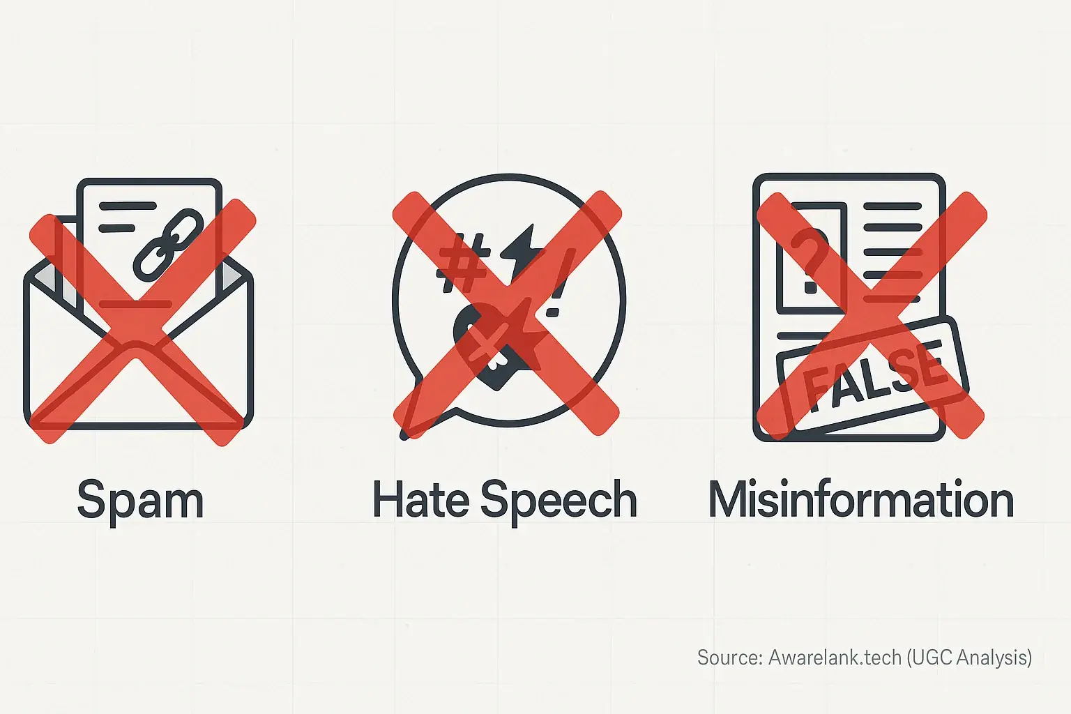 Infographic: Icons of spam, hate speech, and misleading statements, each with an X mark, indicating prohibited content.