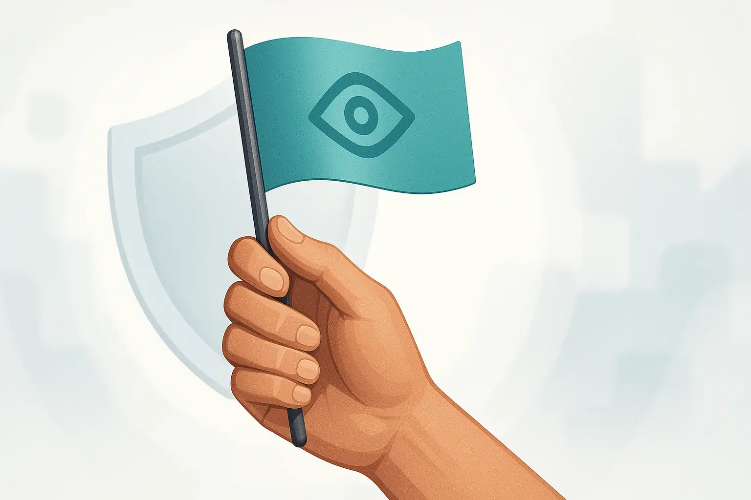 Hand holding flag icon (reporting) with shield icon (safety) in background, illustrating how to report violations.