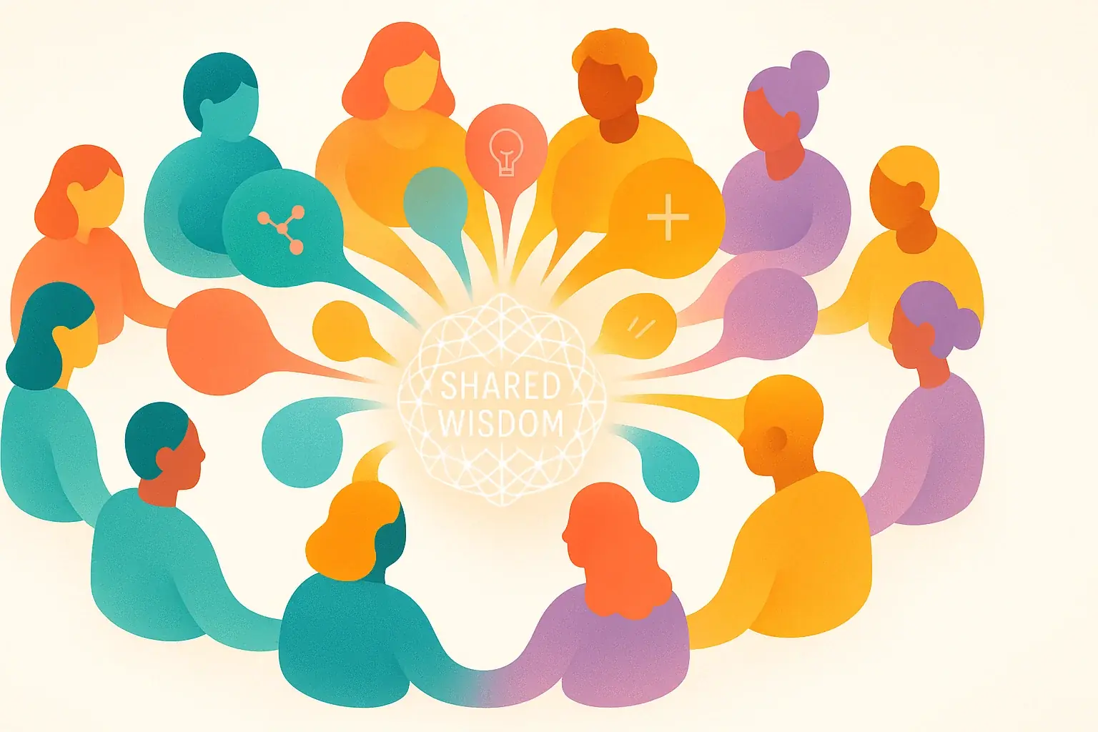 Cohesive circle of diverse users, speech bubbles symbolizing community & shared knowledge shaping AwareInk.