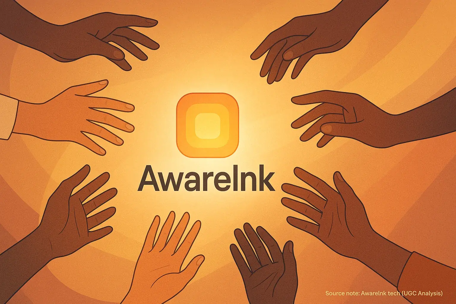 Diverse hands reach to connect with the glowing AwareInk logo, symbolizing open communication and engagement.