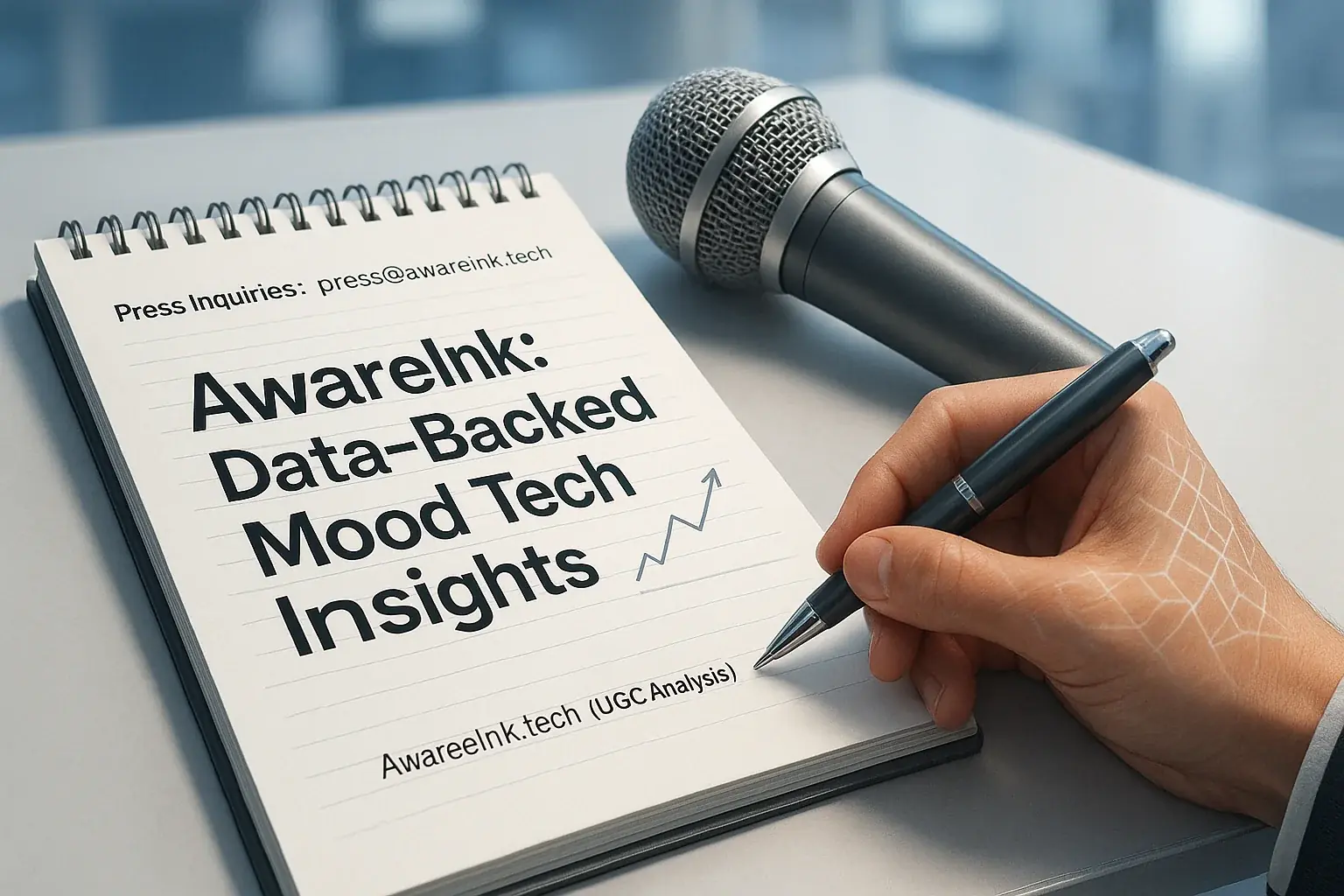 Press notepad, mic, and smart tattoo design for informed mood tech media coverage.