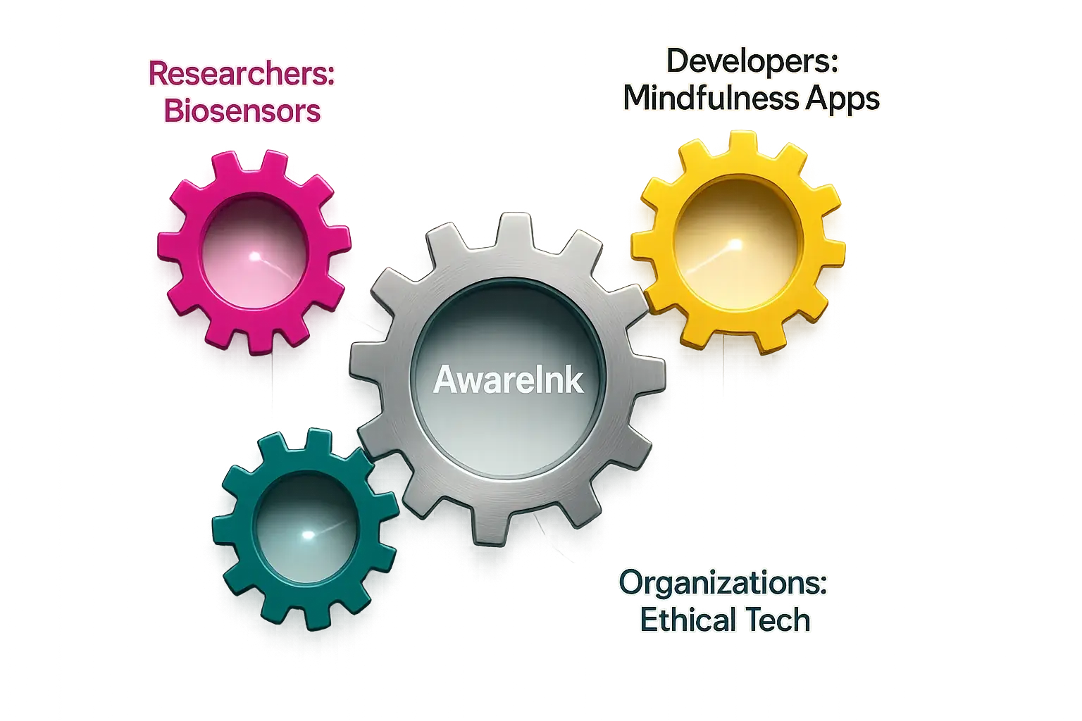 AwareInk central to interconnected gears & puzzle pieces, illustrating partnerships building future mood tech.