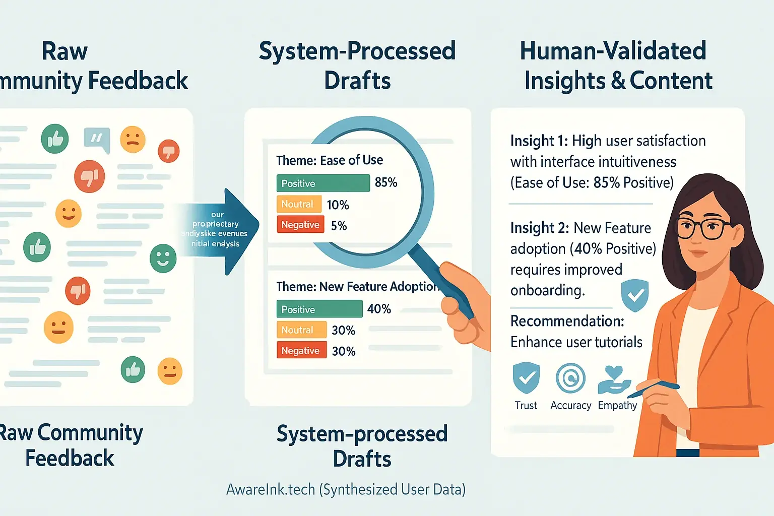 Human analyst refines user-generated discussions with oversight, ensuring precision via community collaboration.