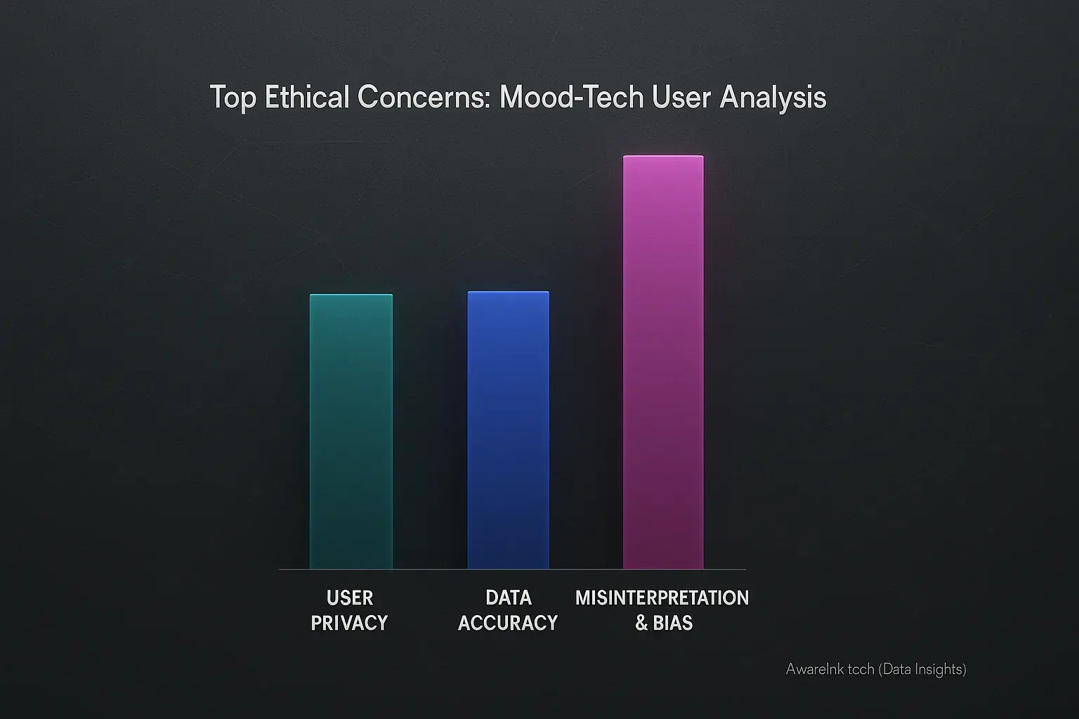 Bar chart ranking top 3 ethical concerns in mood-tech: bias, privacy, and misinterpretation.