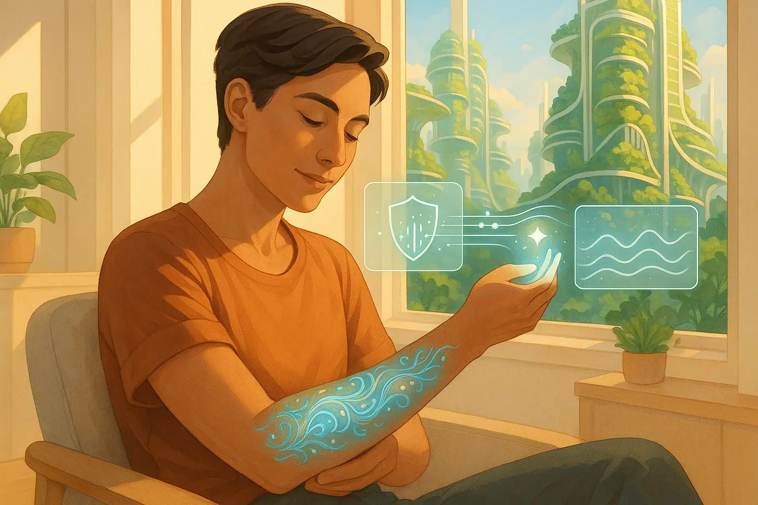 Stylized futuristic human-tech harmony, mood-adaptive tattoos promoting well-being via ethical user-generated experiences.