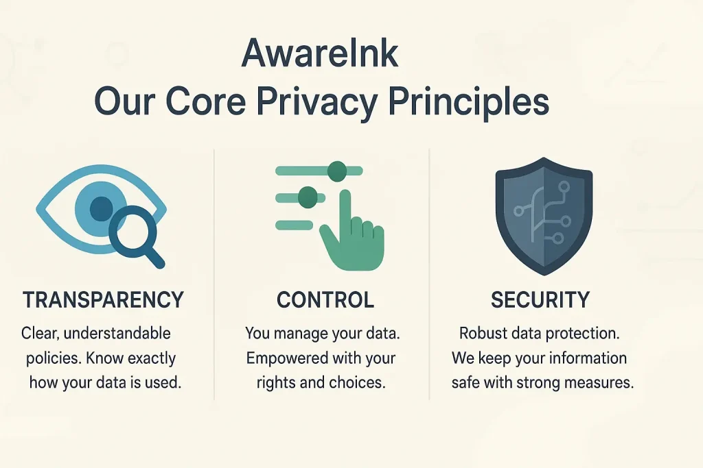 Infographic summarizing AwareInk's privacy principles: transparency, control, security, with icons.