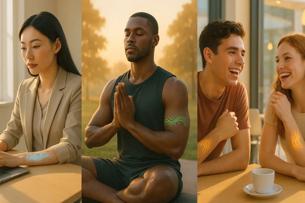 Diverse individuals seamlessly using mood-adaptive smart tattoos in daily work, exercise, and social interactions.
