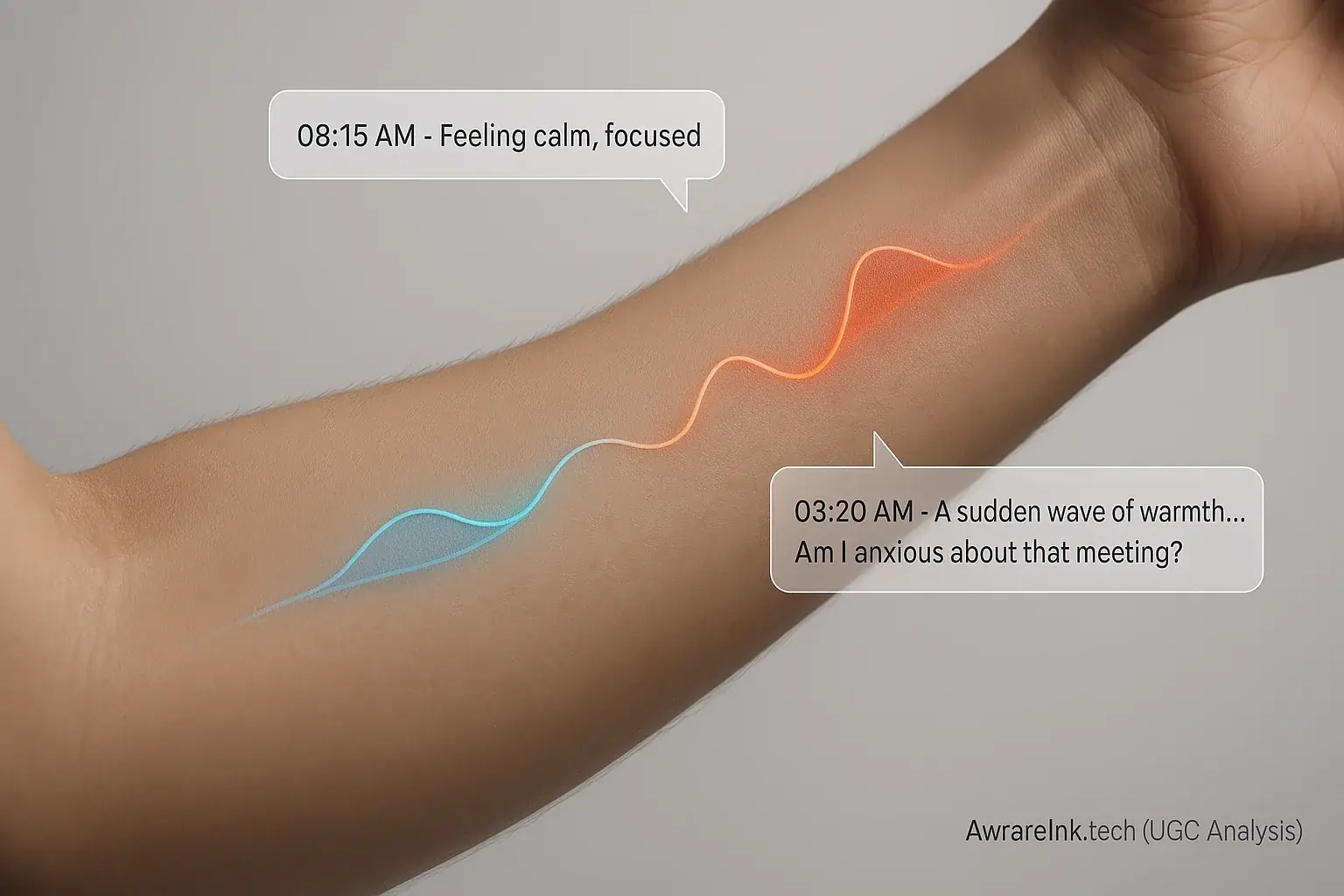 Smart tattoo on arm shifts from calm blue to anxious red, with thought bubbles & timestamp, illustrating real-time mood