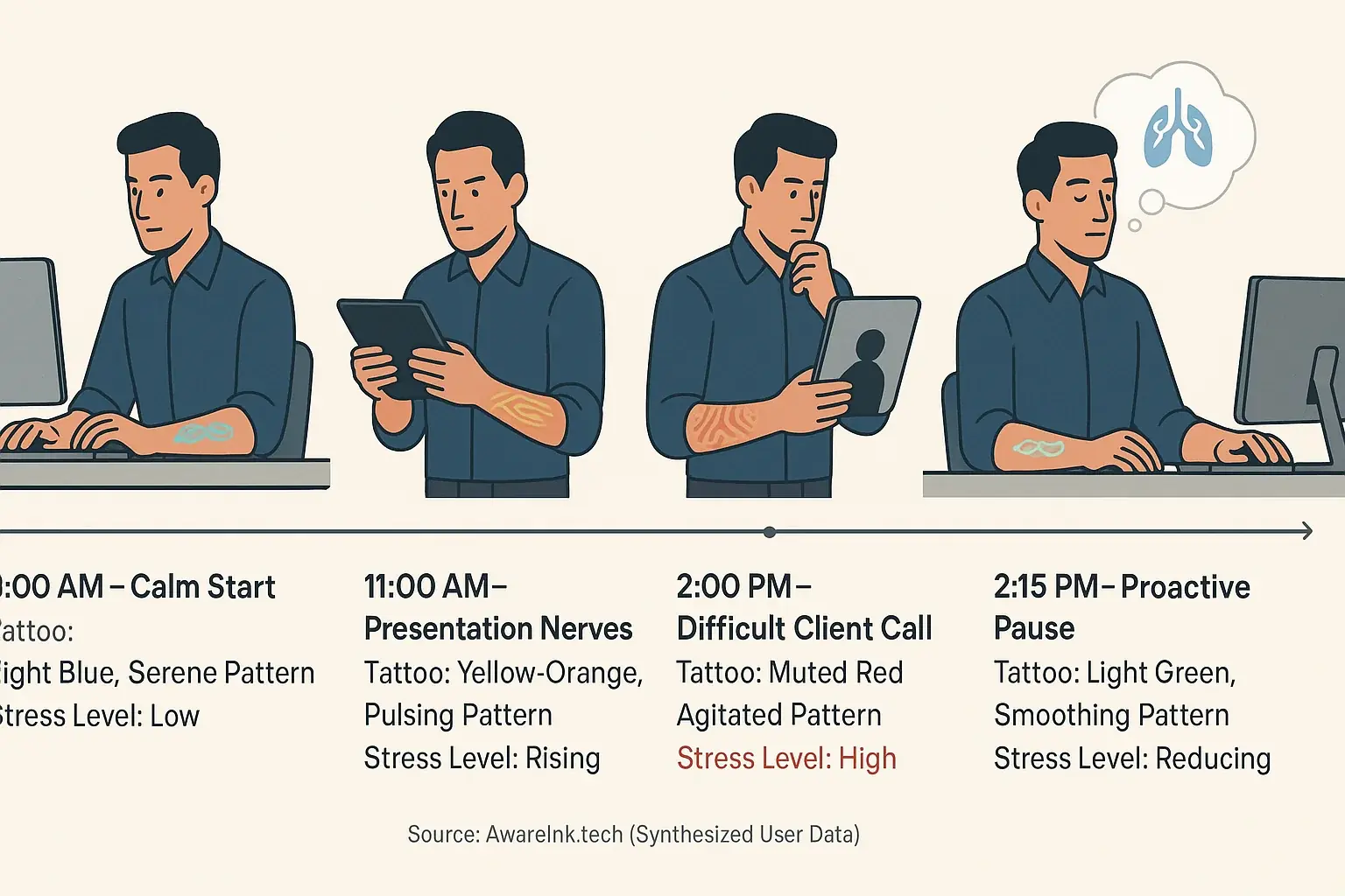 Infographic: Workday timeline; smart tattoo subtly changes to signal stress, prompting coping for enhanced wellness.