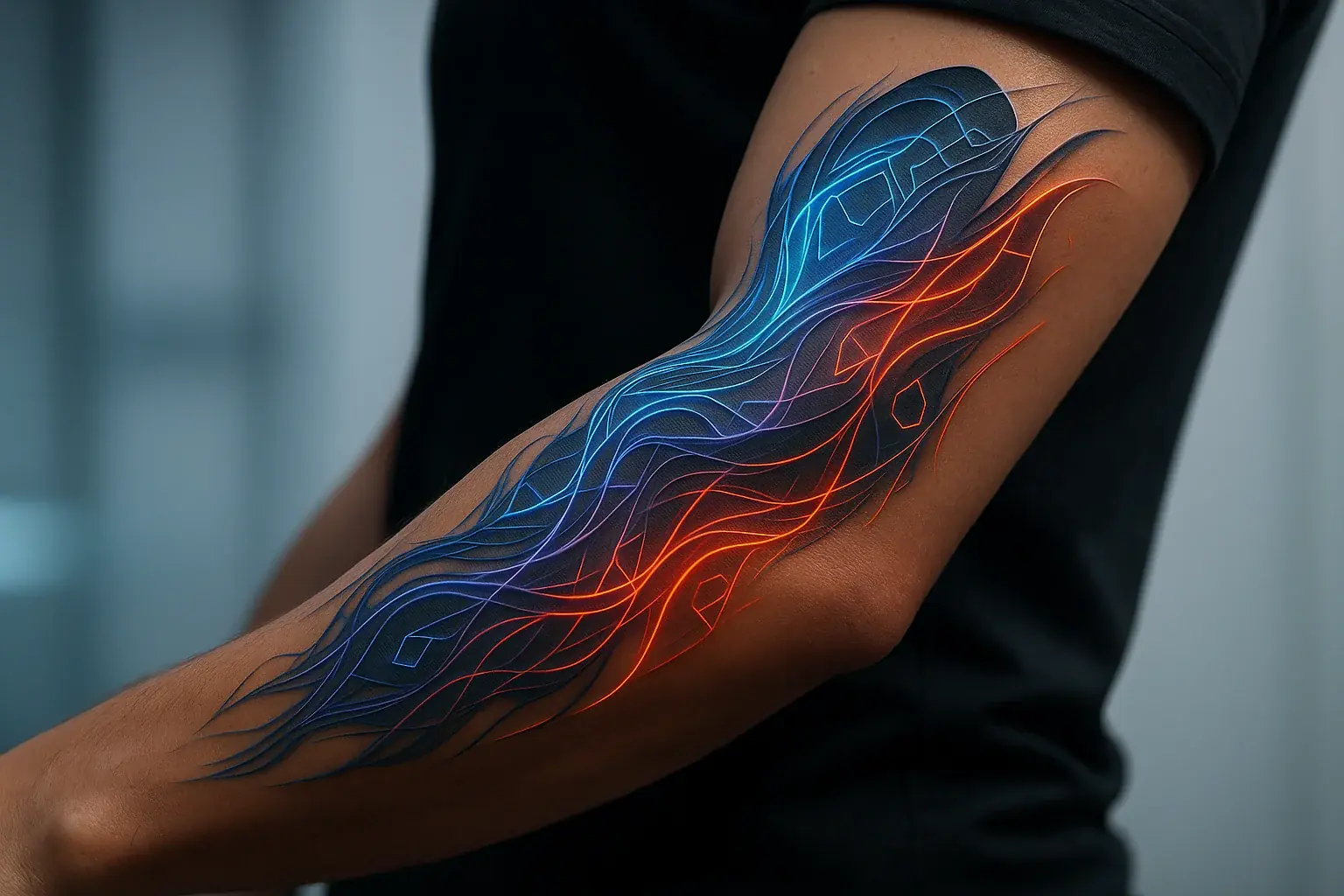 Futuristic smart tattoo on arm: an artistic tech-canvas with dynamic, abstract patterns shifting colors by emotion.