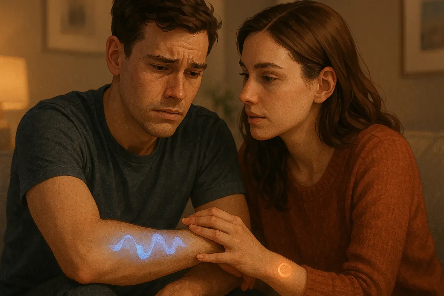 Two people connect, smart tattoos subtly display emotions, enhancing understanding.