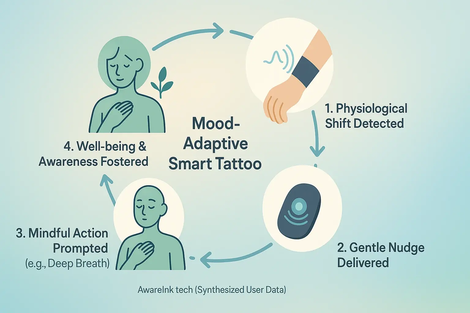 Circular flow: smart tattoo detects mood, sends haptic nudge, prompts mindful action, achieves positive outcome.