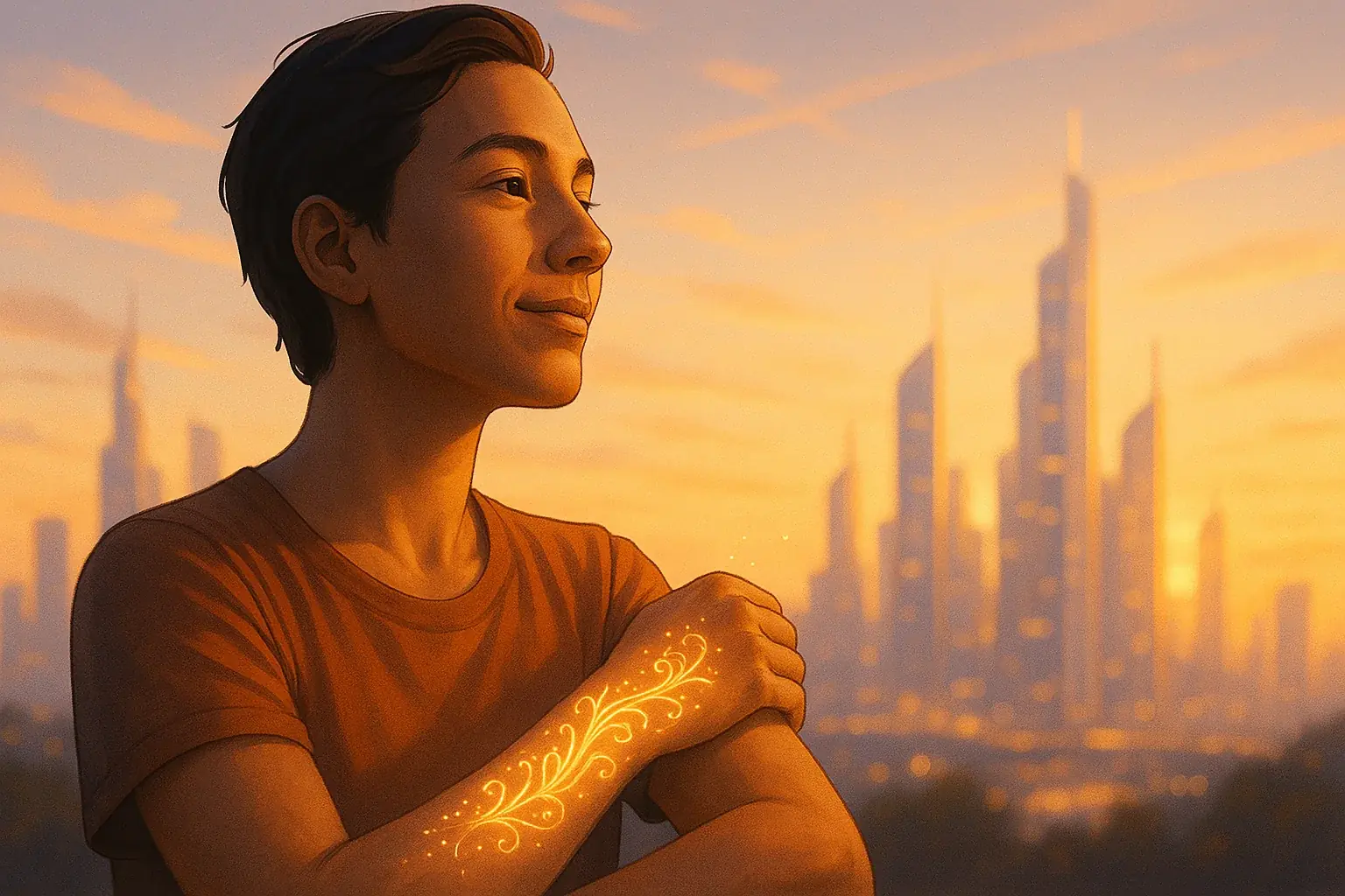 Person gazes confidently to the future, a glowing AwareInk tattoo on their arm symbolizing an empowered, connected life.