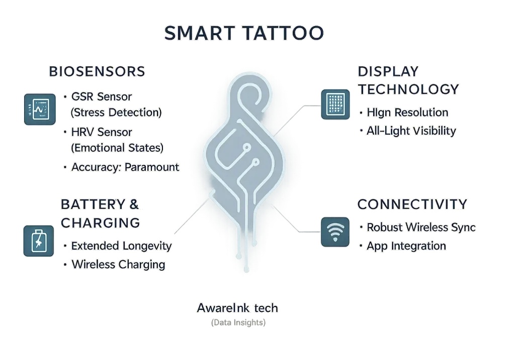 Infographic: Evaluating key smart tattoo tech—sensor types, display resolution, battery life, connectivity.