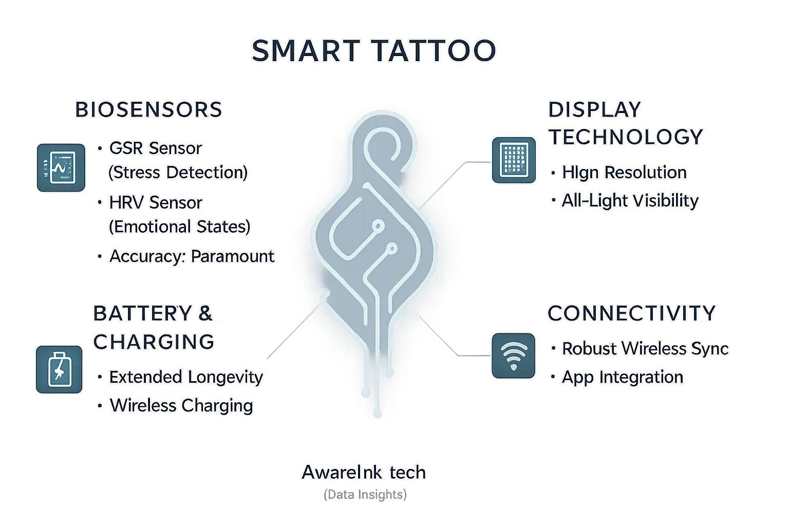 Infographic: Evaluating key smart tattoo tech—sensor types, display resolution, battery life, connectivity.