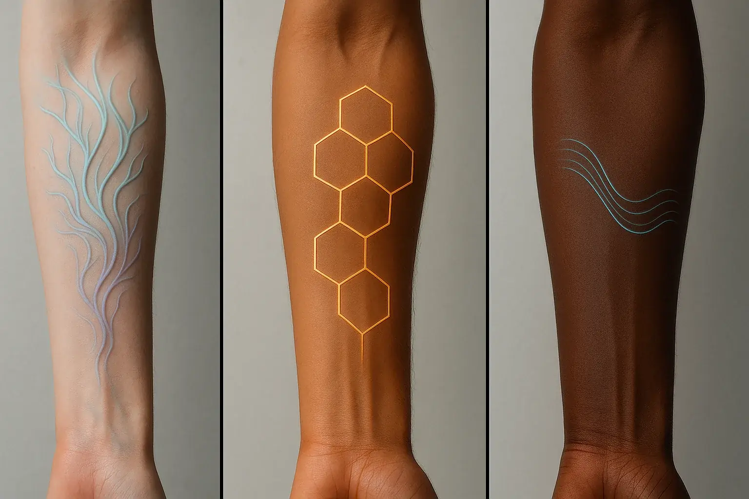 Smart tattoo concepts: abstract, geometric, and organic designs on diverse skin tones, showcasing aesthetic variety.