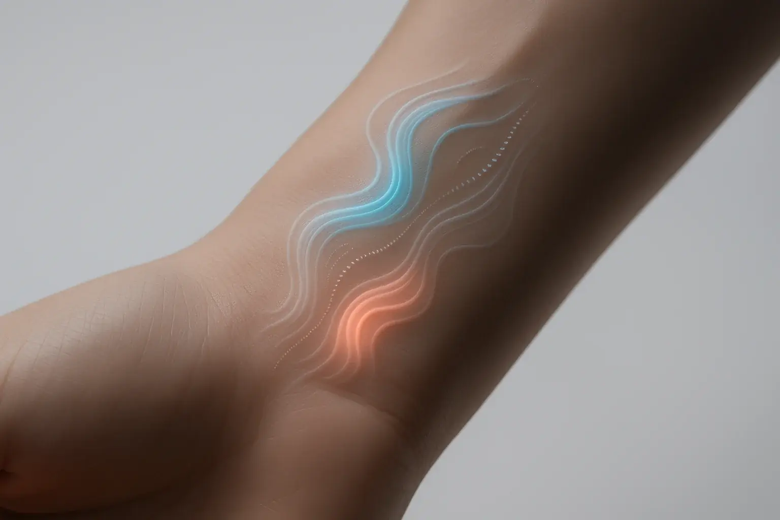 Abstract patterns on a glowing wrist tattoo subtly shift colors, showcasing mood-adaptive tech integrated into skin.