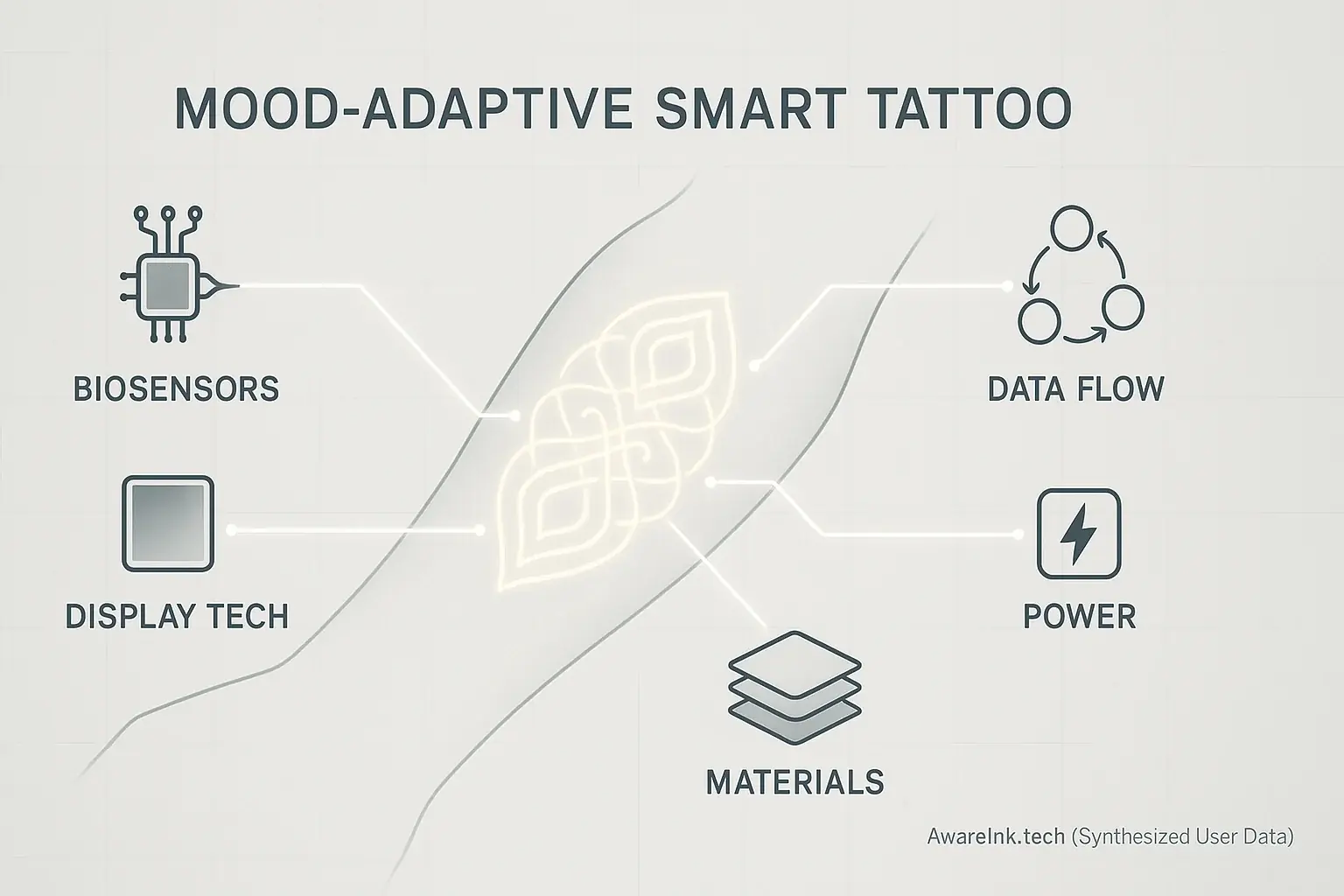 Simplified smart tattoo tech stack: Icons for Biosensors, Display, Data Flow, Materials, Power illustrate interconnected