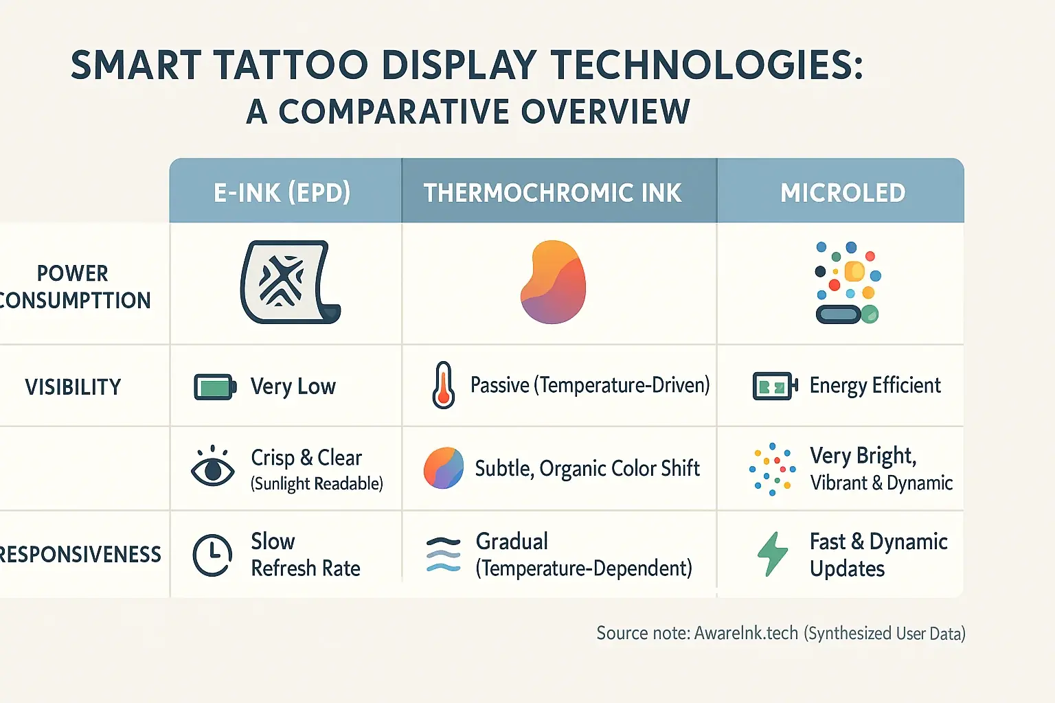 Chart: E-ink, thermochromic, microLED tattoo displays compared by power, visibility, responsiveness for visible emotional