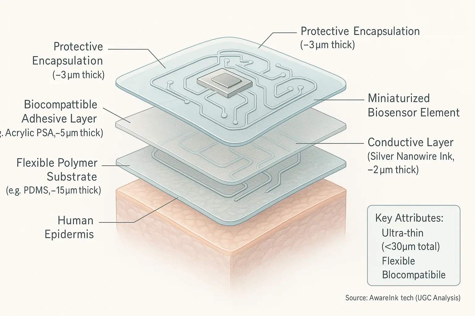 Scientific diagram: Smart tattoo's layered materials—flexible substrate, conductive inks, sensor—emphasizing thin,