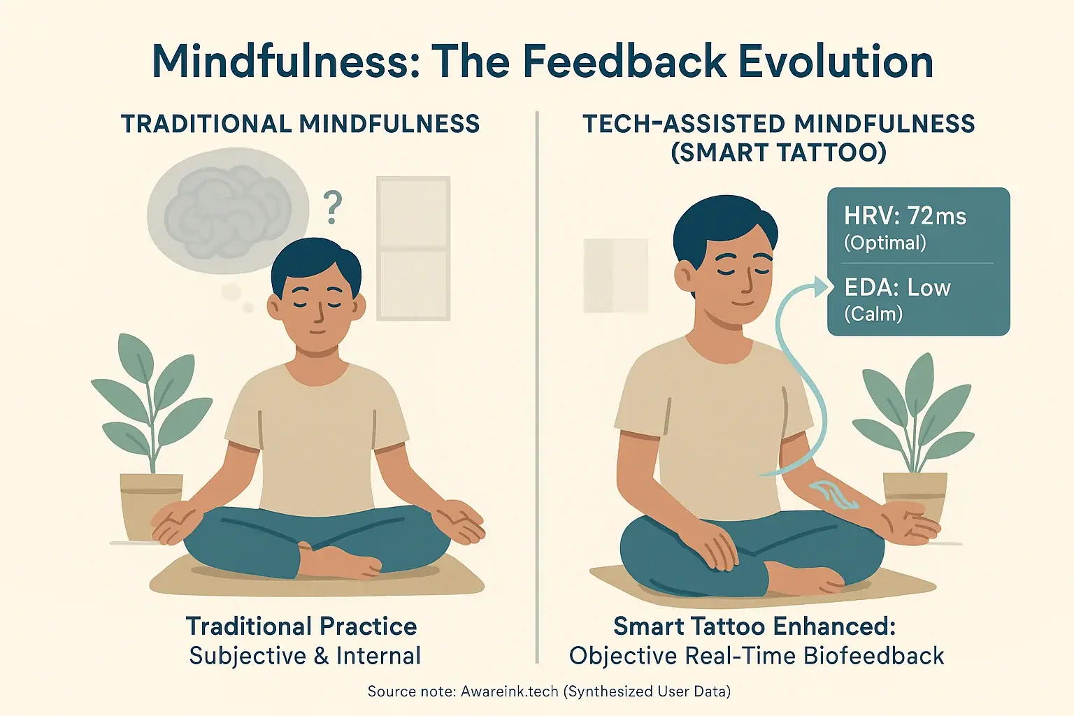 Two meditators: one with smart tattoo's subtle changes as real-time biofeedback; one without. Highlights objective feedback