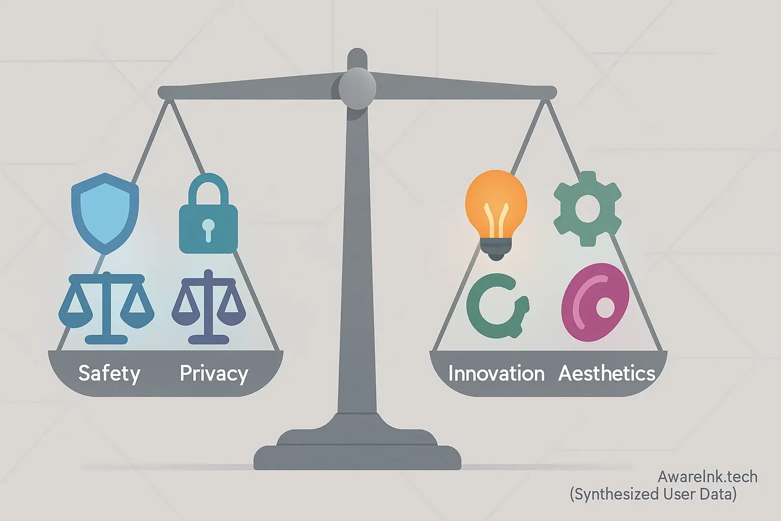 Abstract scale: 'Safety, Privacy, Ethics' and 'Innovation, Utility, Aesthetics' balanced, defining smart tattoo trust.