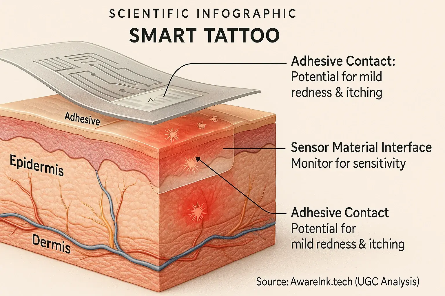 Cross-section of skin layers showing smart tattoo material interacting with epidermis, highlighting potential irritation