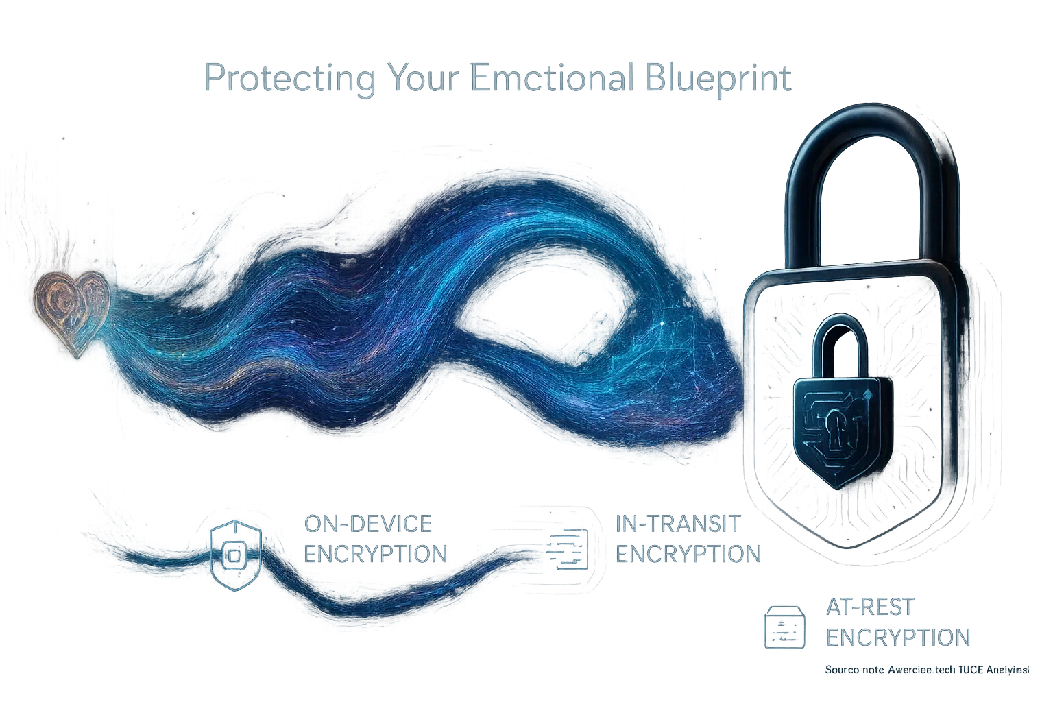 Stylized padlock protects emotional data flow from smart tattoo, illustrating encryption: on-device, in-transit, & at-rest.