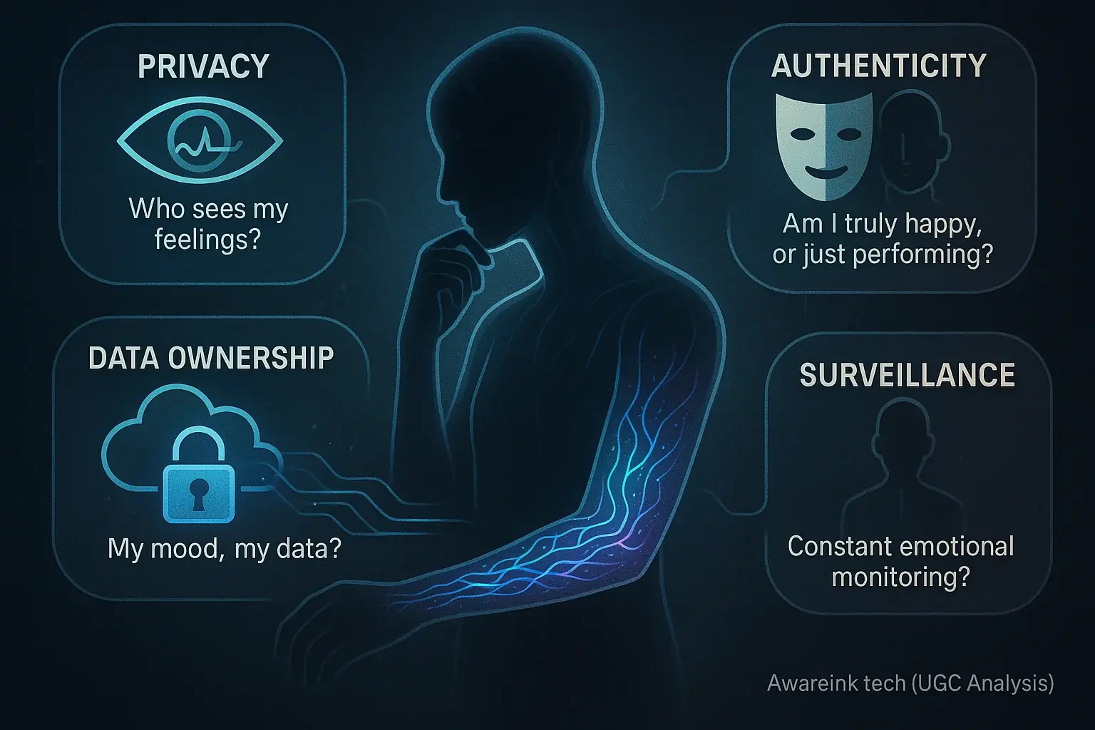 Contemplative silhouette, smart tattoo, depicts ethical dilemmas: privacy, surveillance, authenticity, data ownership.