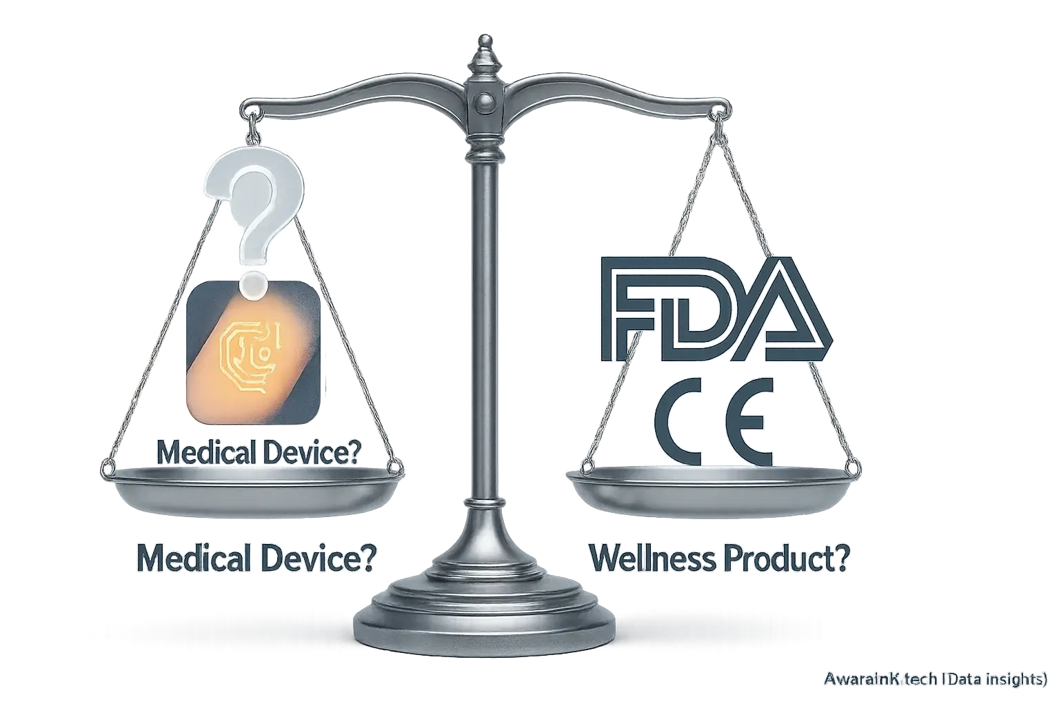 Stylized gavel, FDA/CE icons, smart tattoo with question mark, symbolizing evolving & uncertain smart tattoo regulations.