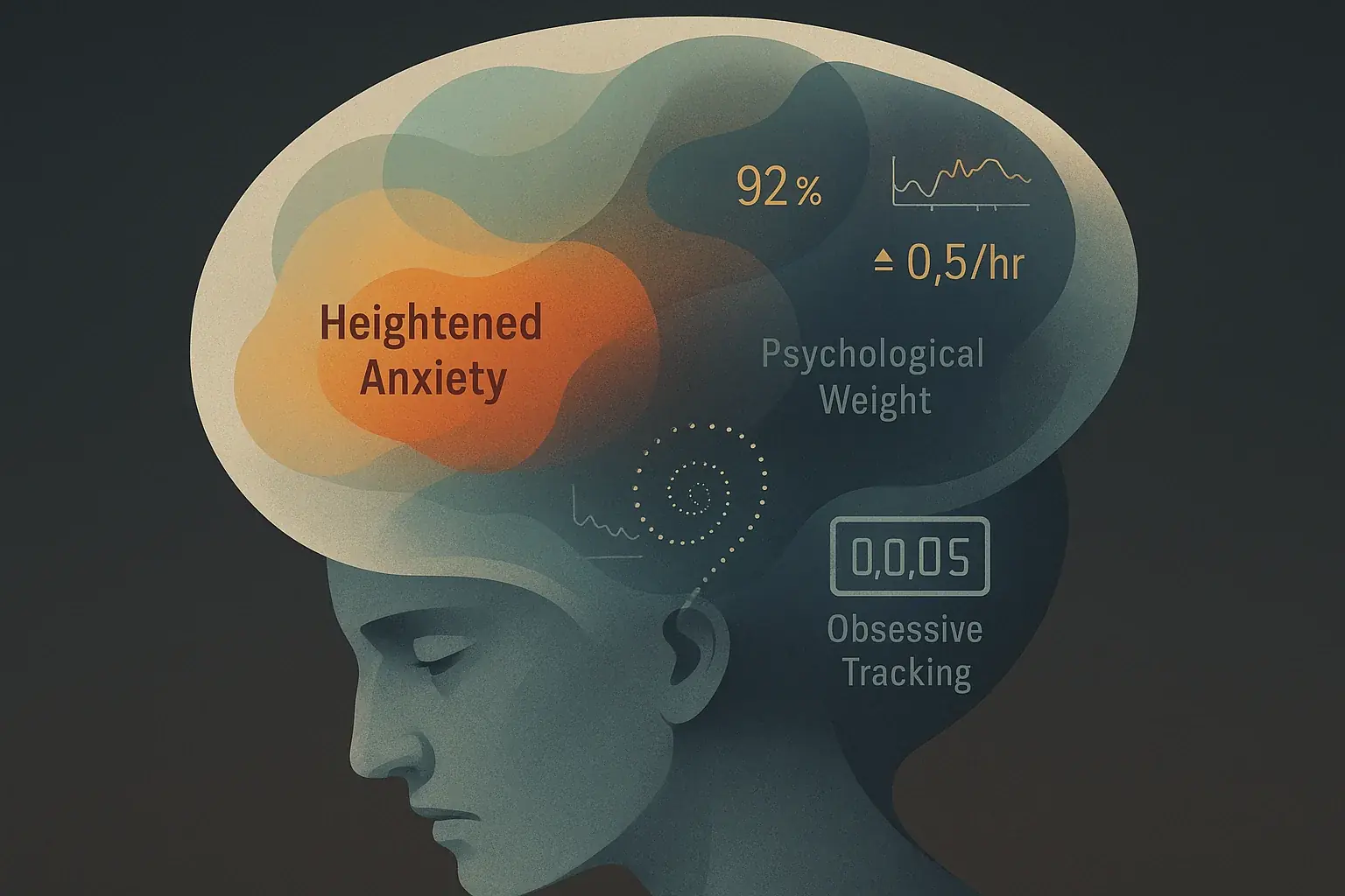 Stylized head with thought bubble: emotions and data intertwine, showing psychological weight of mood monitoring.