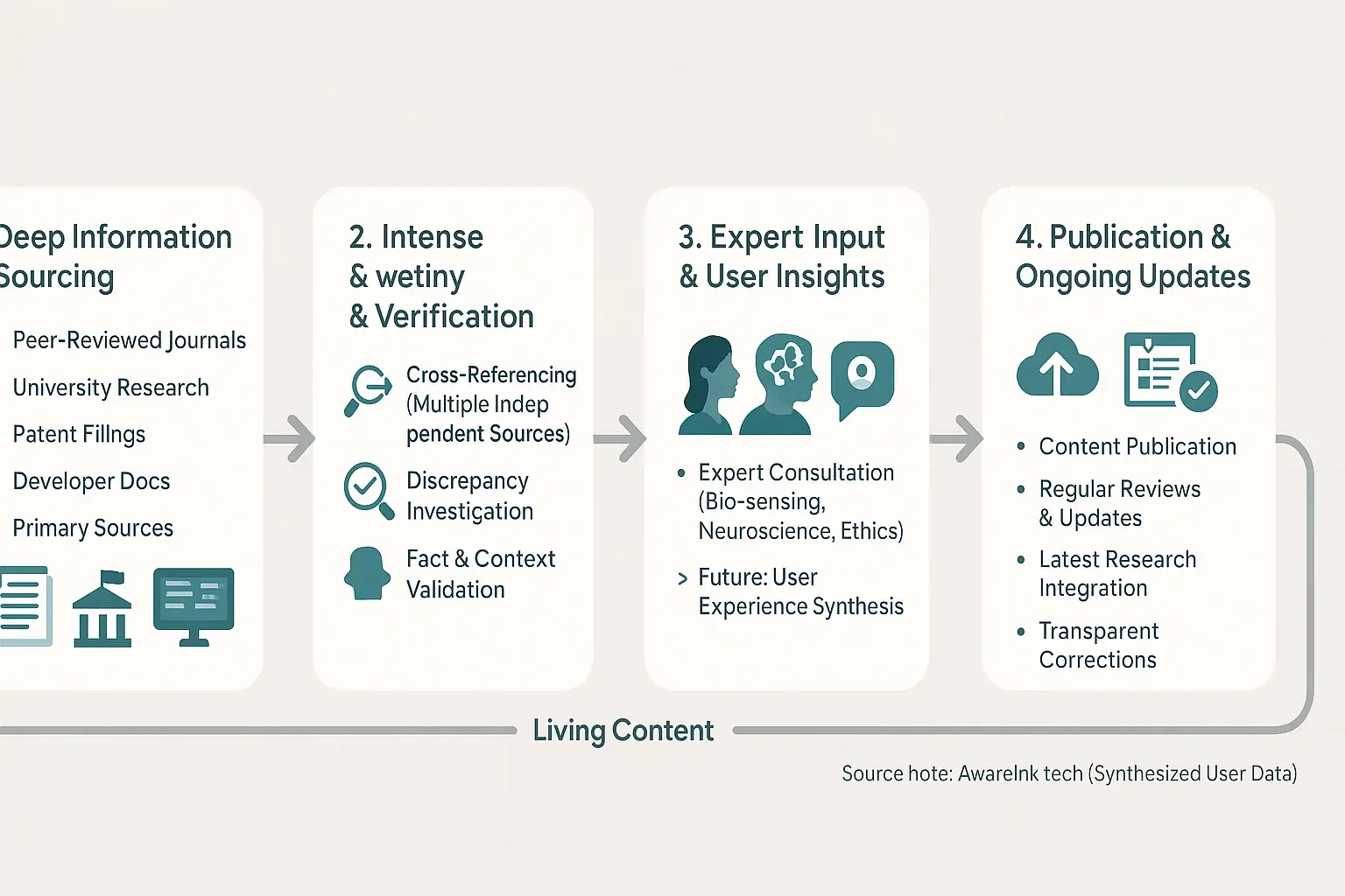 Flowchart: AwareInk's multi-layered research & verification workflow, from sourcing to ongoing updates.