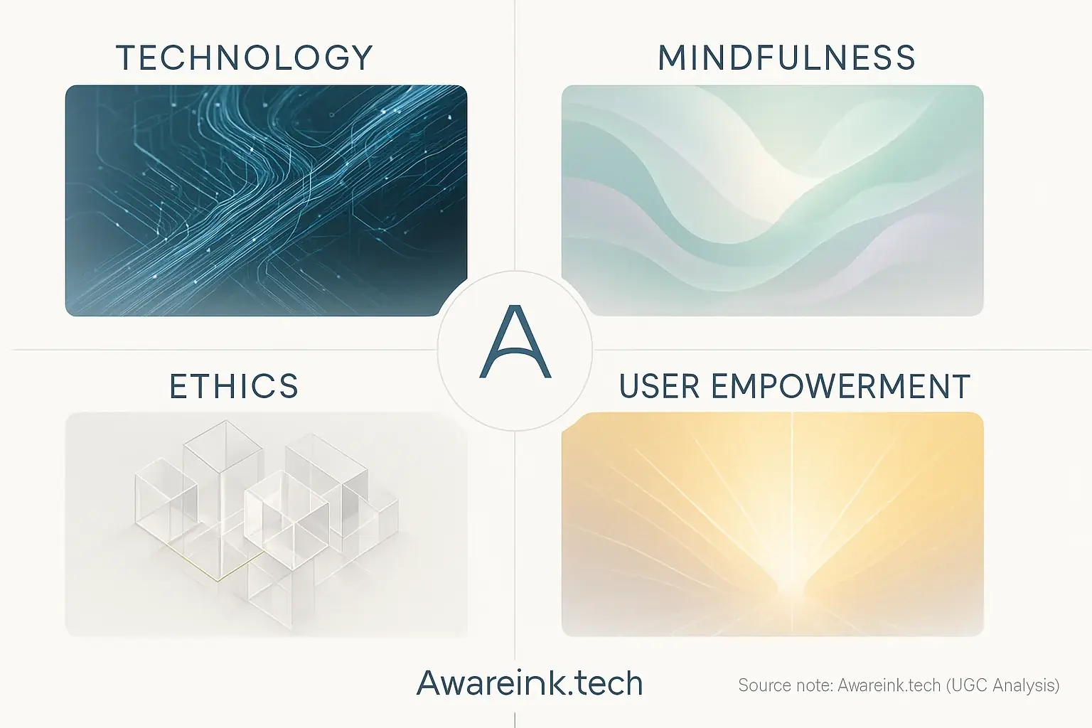 AwareInk's core purpose: its mission pillars—technology, mindfulness, ethics, user empowerment—depicted abstractly.