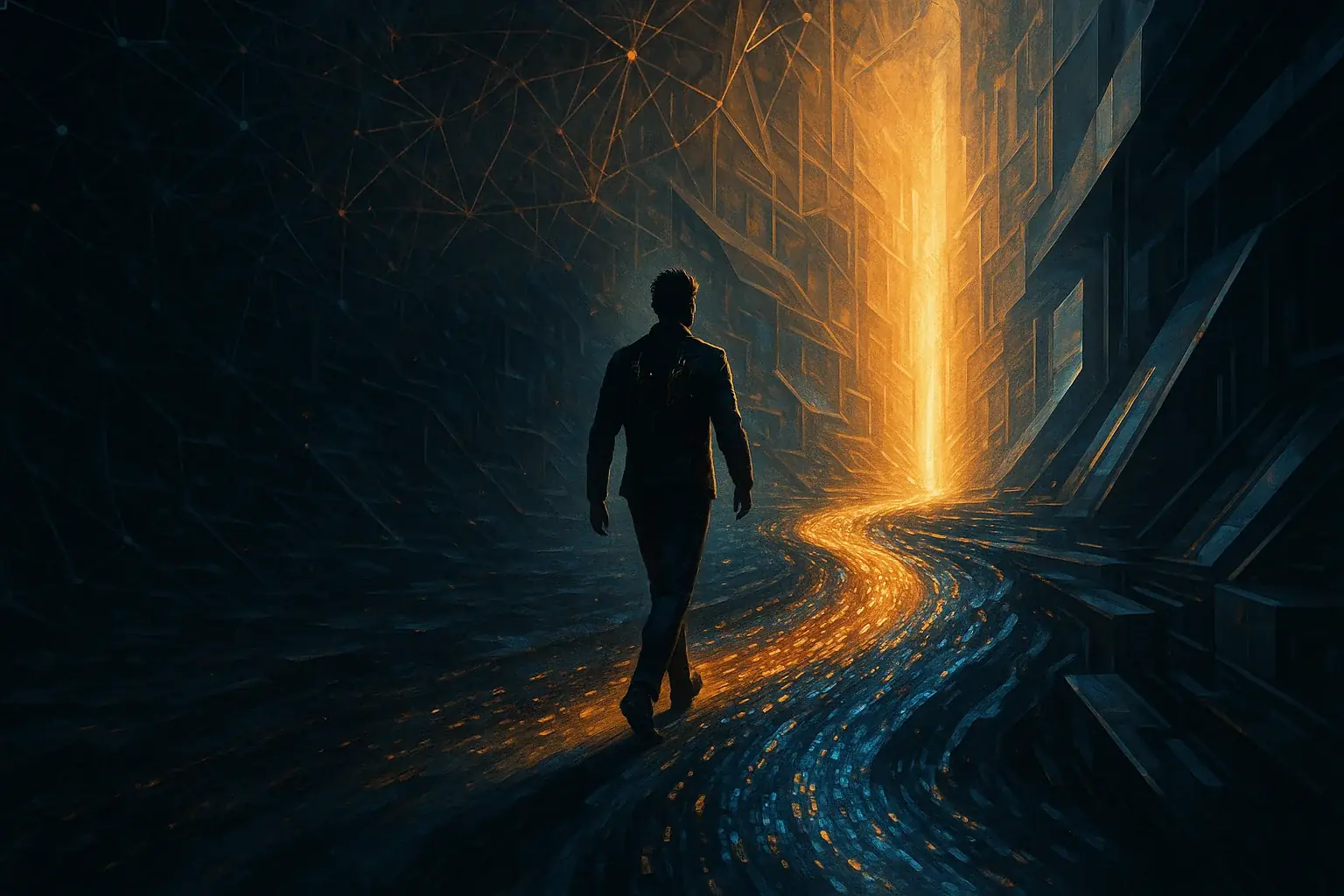 Empowered user confidently navigates a complex digital-physical landscape, guided by a supportive light.