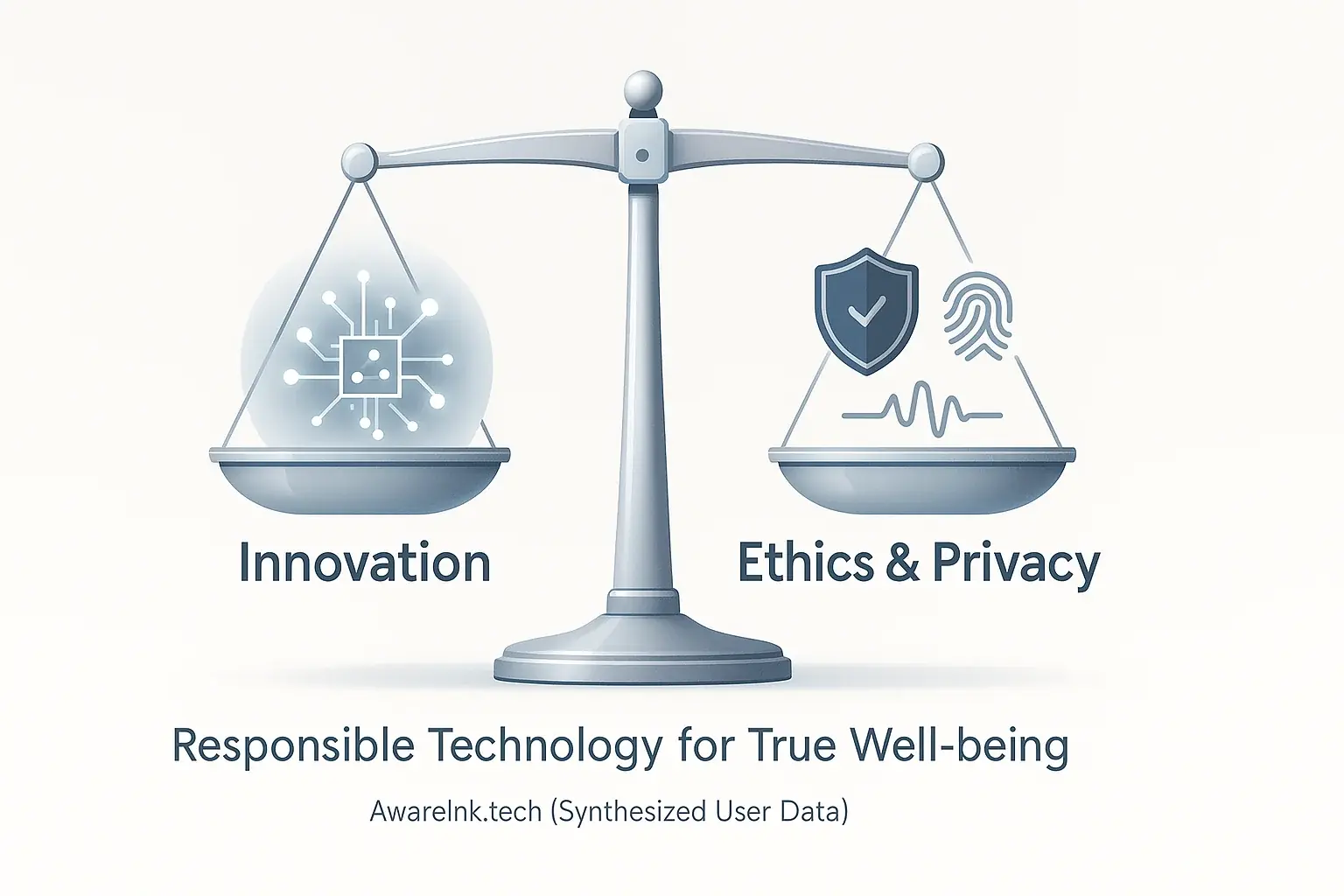 Balanced scale: 'Innovation' one side, 'Ethics & Privacy' other, in equilibrium for responsible technology.