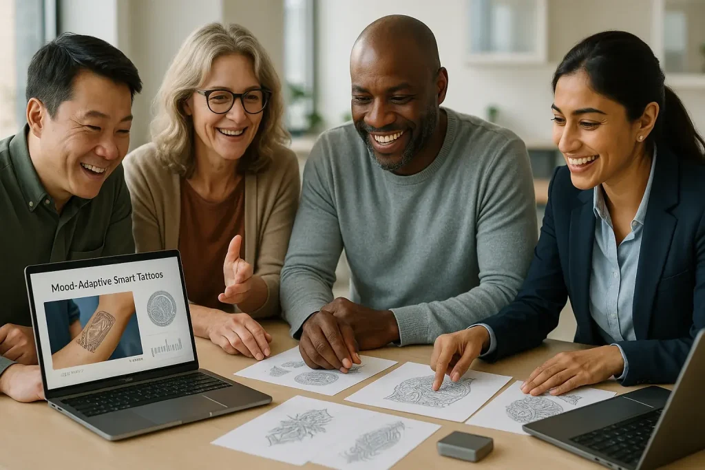 Diverse, smiling AwareInk professionals passionately co-creating conceptual smart tattoo designs.
